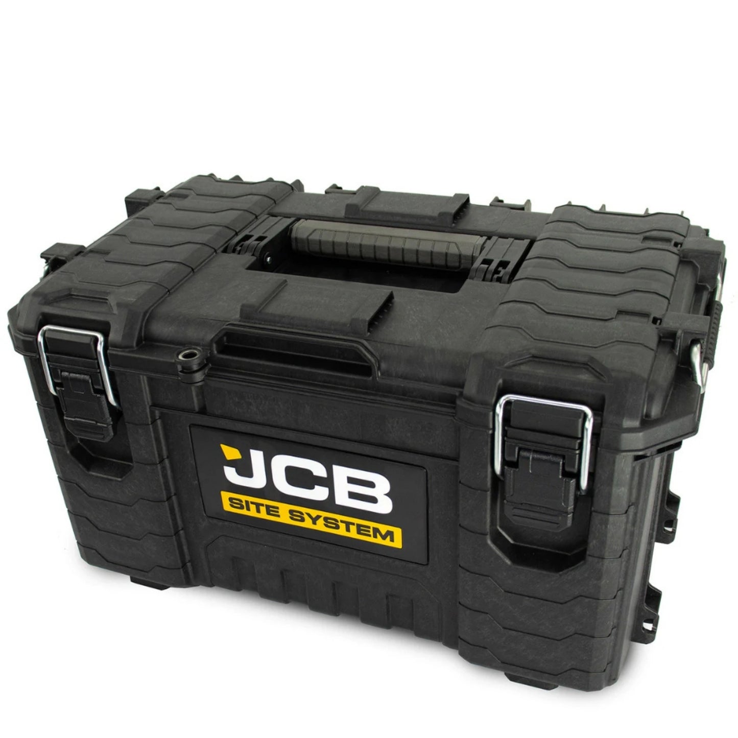 Zamknięta skrzynia JCB Site System z metalowymi zatrzaskami i górnym uchwytem transportowym
