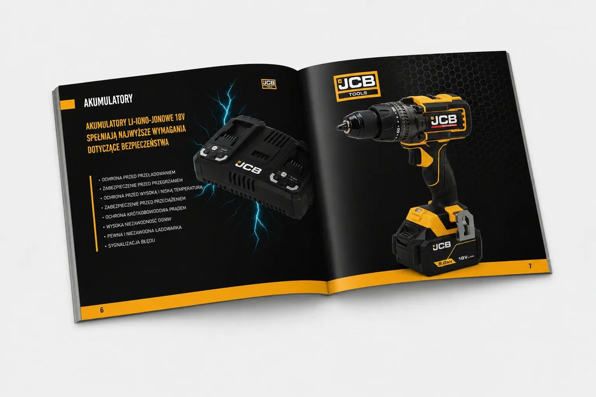 Rozkładówka katalogu JCB Tools z akumulatorami 18V, ładowarką i wiertarko-wkrętarką