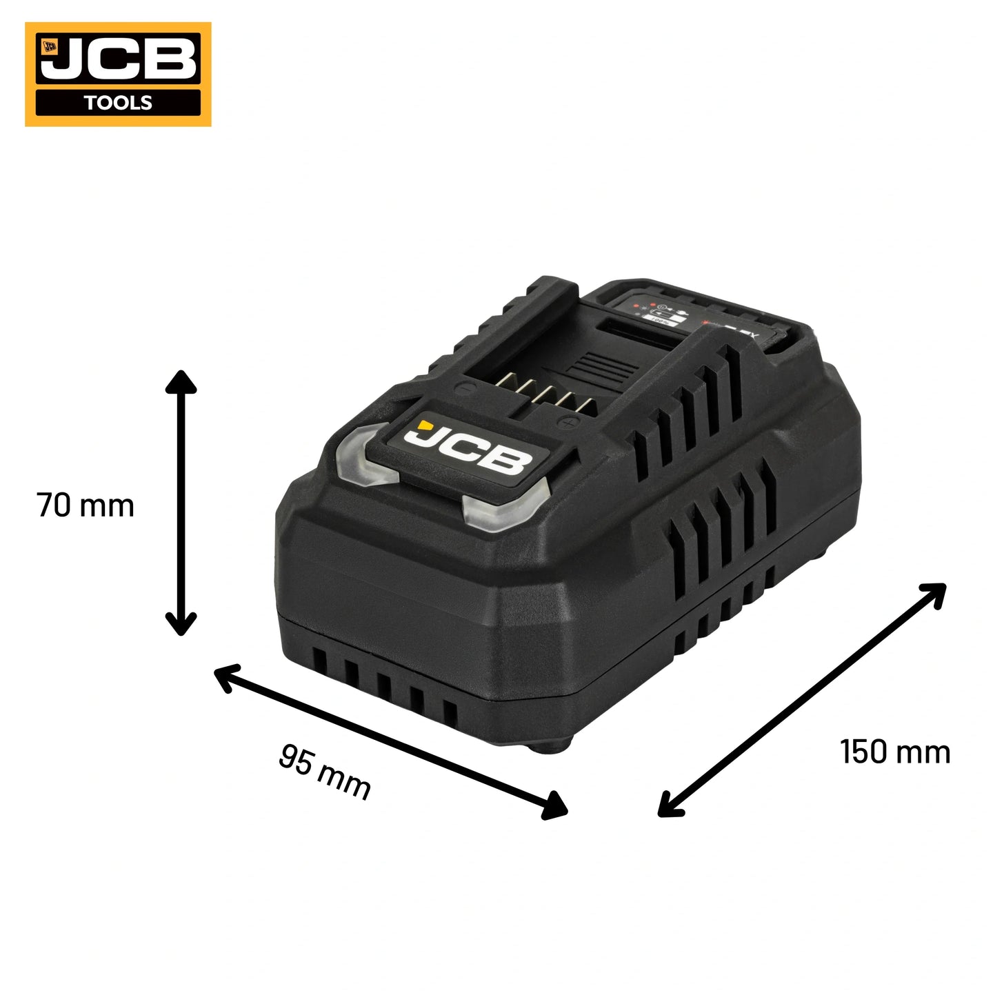 Szybka ładowarka JCB Professional 4,5A do akumulatorów 18V Li-Ion na białym tle - ładowarka 18V do elektronarzędzi