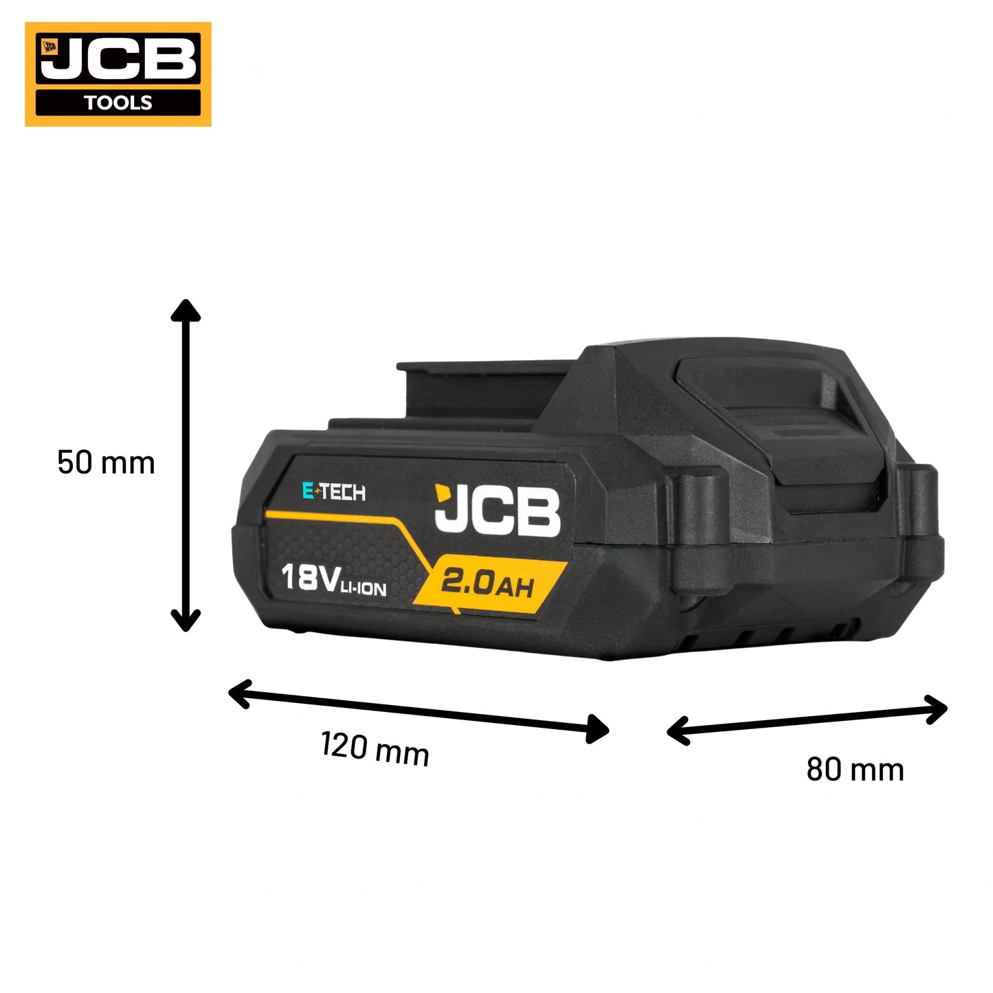 schemat wymiarów akumulatora JCB 18V 2.0Ah: 120×80×50 mm waga netto 0,43 kg