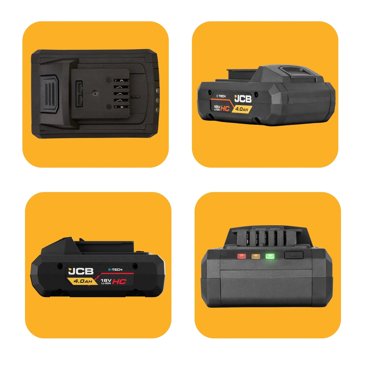 infografika akumulatora JCB E-Tech 18V HC 4.0Ah cztery ujęcia spód bok tył z trójkolorowym wskaźnikiem naładowania