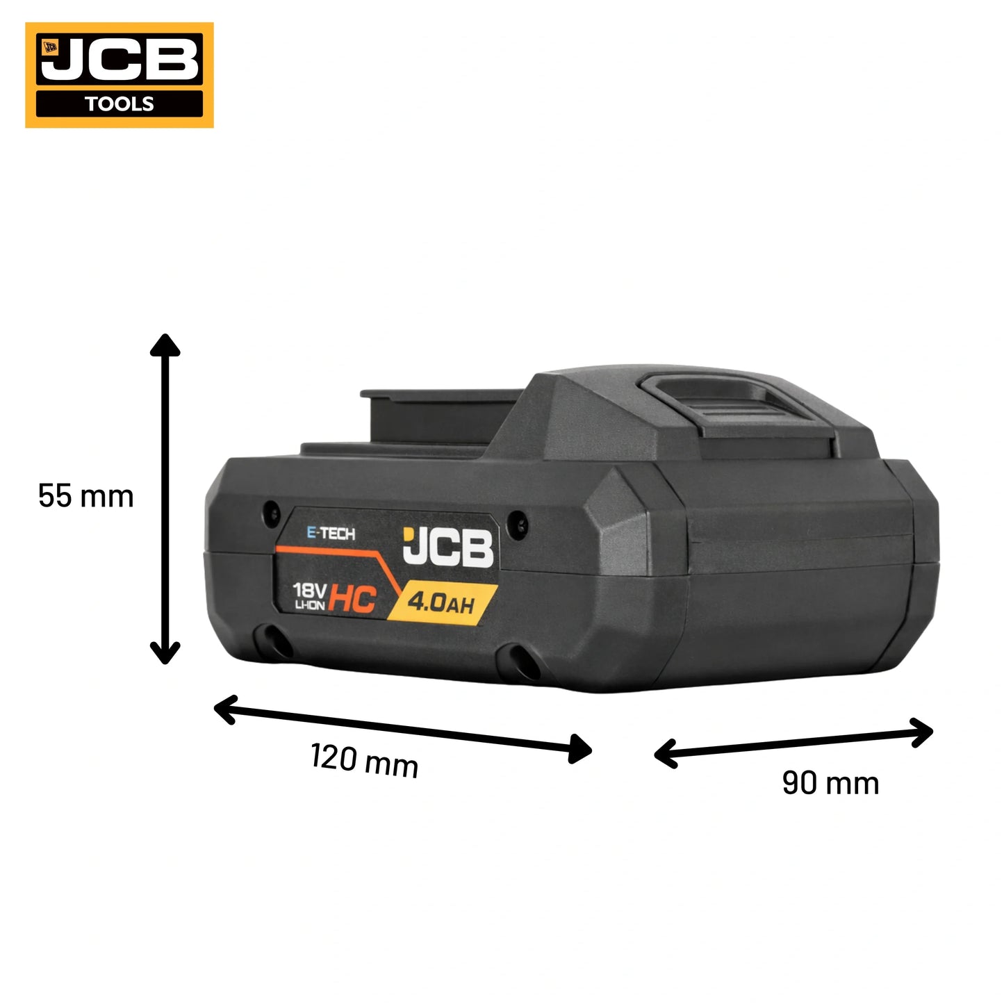 schemat wymiarów akumulatora JCB 18V HC 4.0Ah: 120×90×55 mm waga netto 0,62 kg