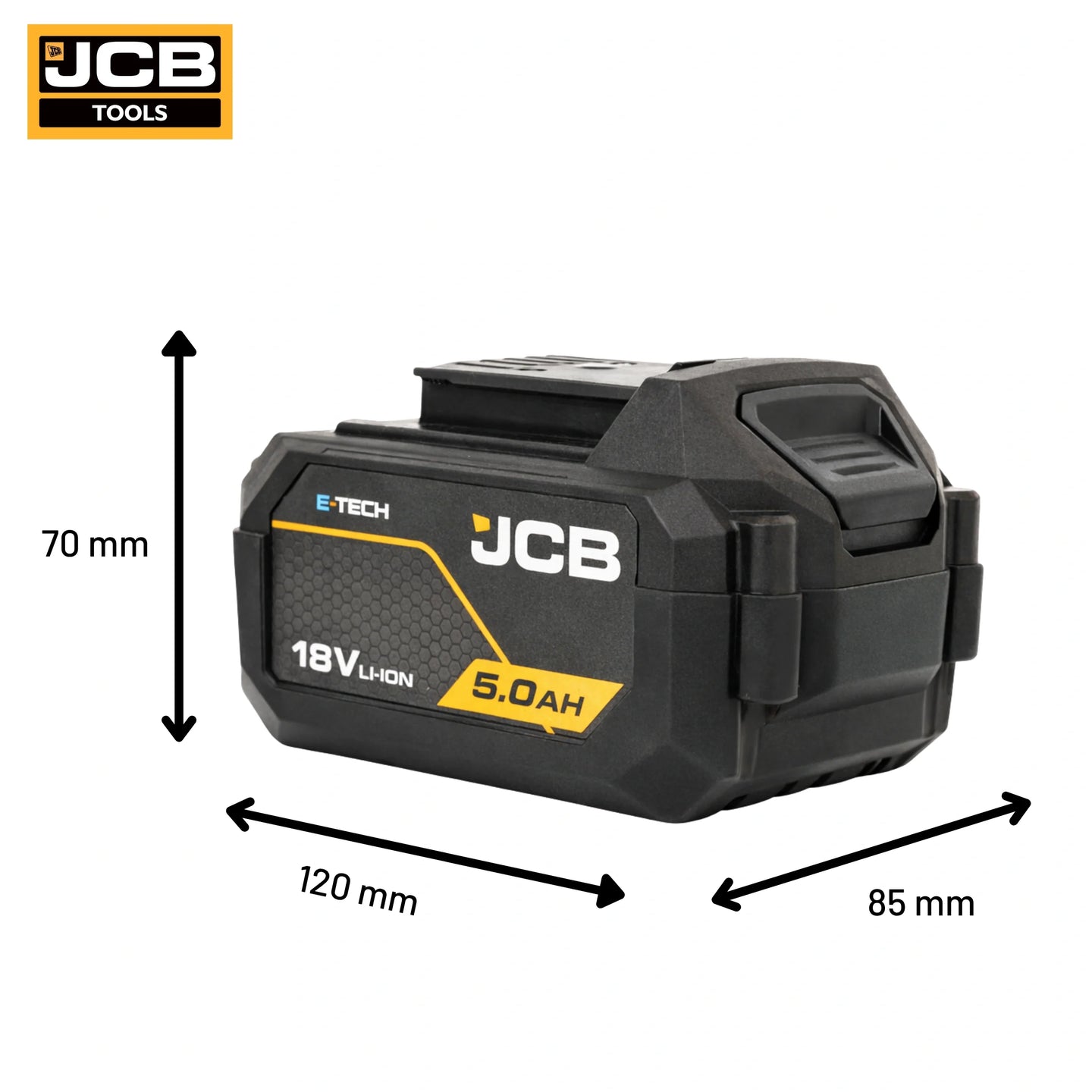 schemat wymiarów akumulatora JCB 18V 5.0Ah: 120×85×70 mm waga netto 0,70 kg