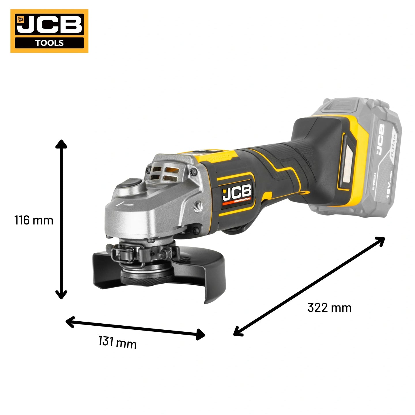 schemat wymiarów szlifierki kątowej JCB Professional 18V: 116×131×322 mm waga 1,75 kg