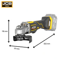schemat wymiarów szlifierki kątowej JCB Professional 18V: 116×131×322 mm waga 1,75 kg