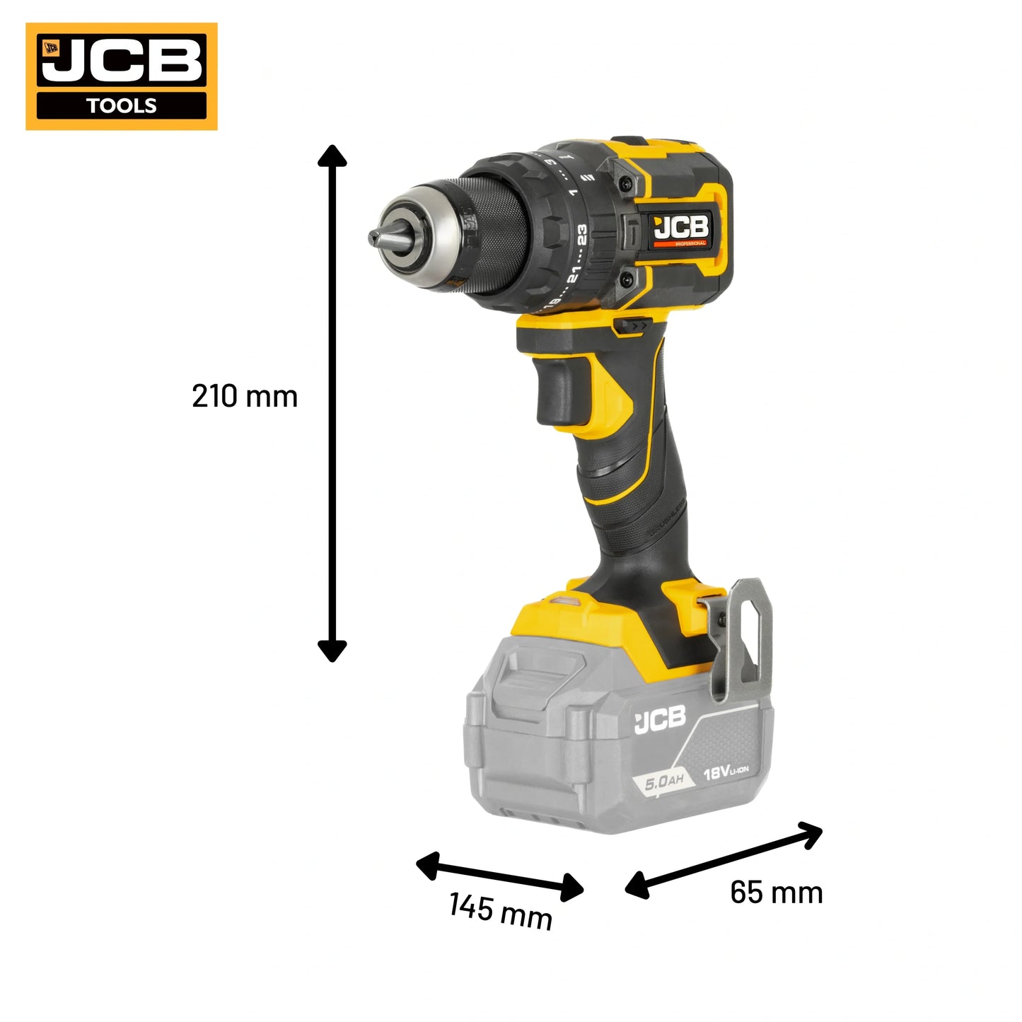 Wiertarko wkrętarka akumulatorowa 75 Nm JCB Professional JCB 18PCD 75 z wymiarami 210×145×65 mm oraz informacją o wadze netto 1,2 kg 