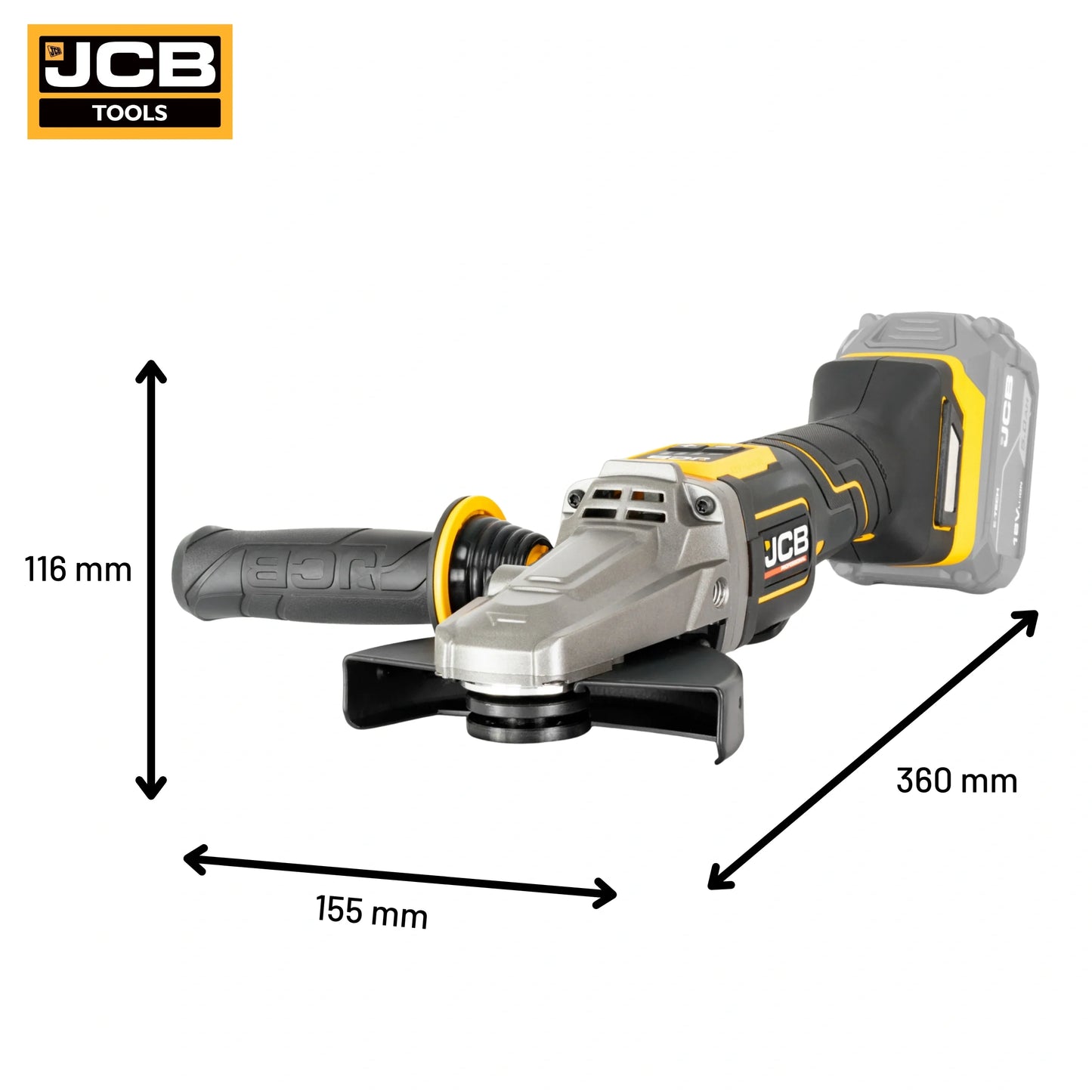 schemat wymiarów szlifierki kątowej z płaską głowicą JCB Professional 18V: 116×155×360 mm waga 1,8 kg