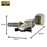 schemat wymiarów szlifierki kątowej z płaską głowicą JCB Professional 18V: 116×155×360 mm waga 1,8 kg