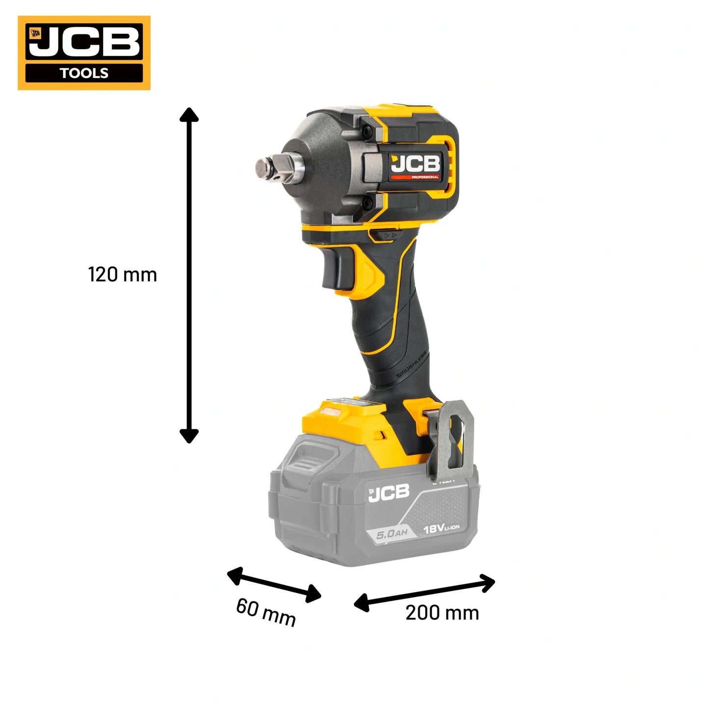 Klucz udarowy akumulatorowy JCB Professional 18V 350 Nm żółto-czarny na białym tle - klucz udarowy do kół i połączeń śrubowych