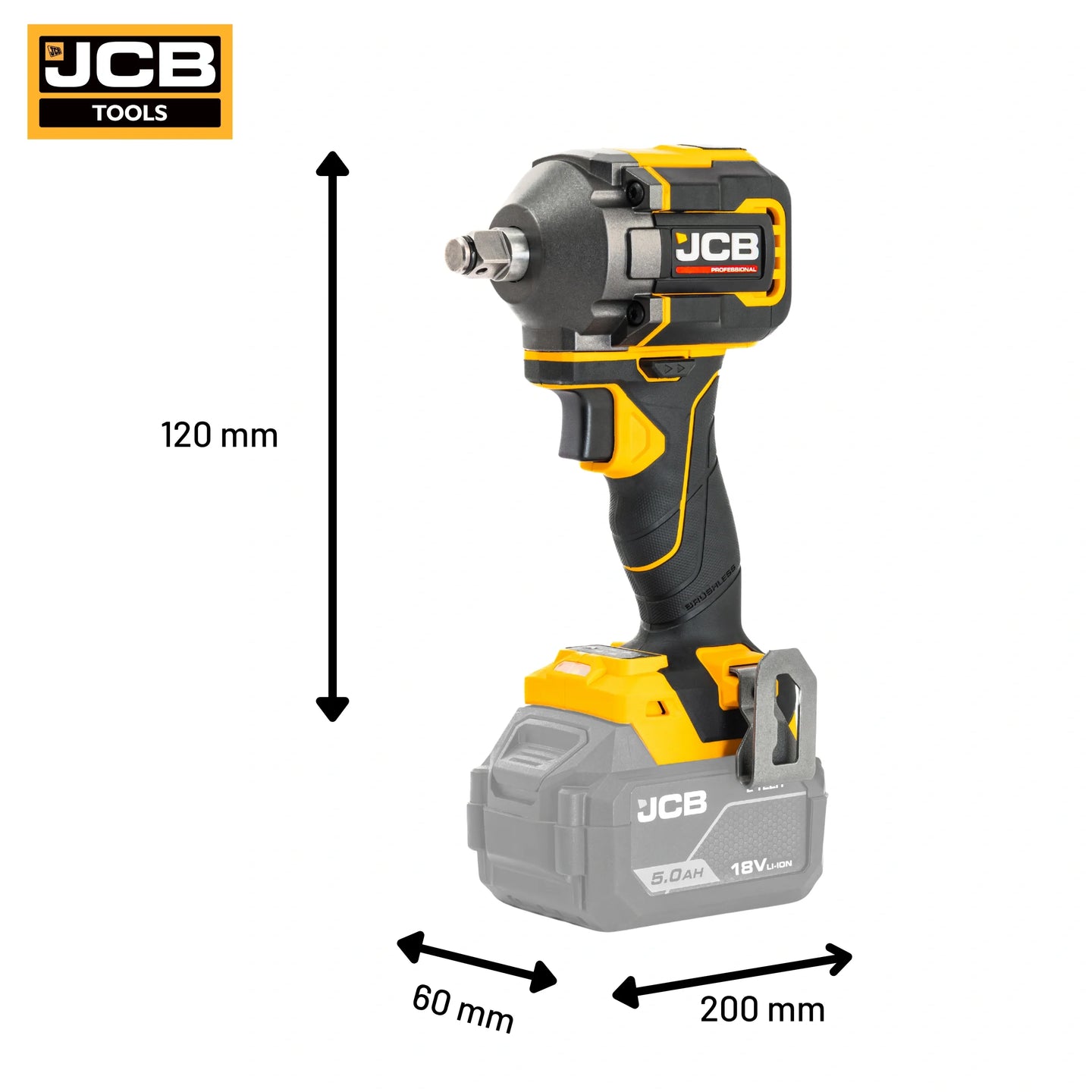 schemat wymiarów klucza udarowego JCB Professional 18V 350Nm: 200×60×120 mm waga netto 1,13 kg