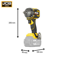 schemat wymiarów klucza udarowego JCB Professional 400Nm: 205×65×135 mm waga netto 1,34 kg