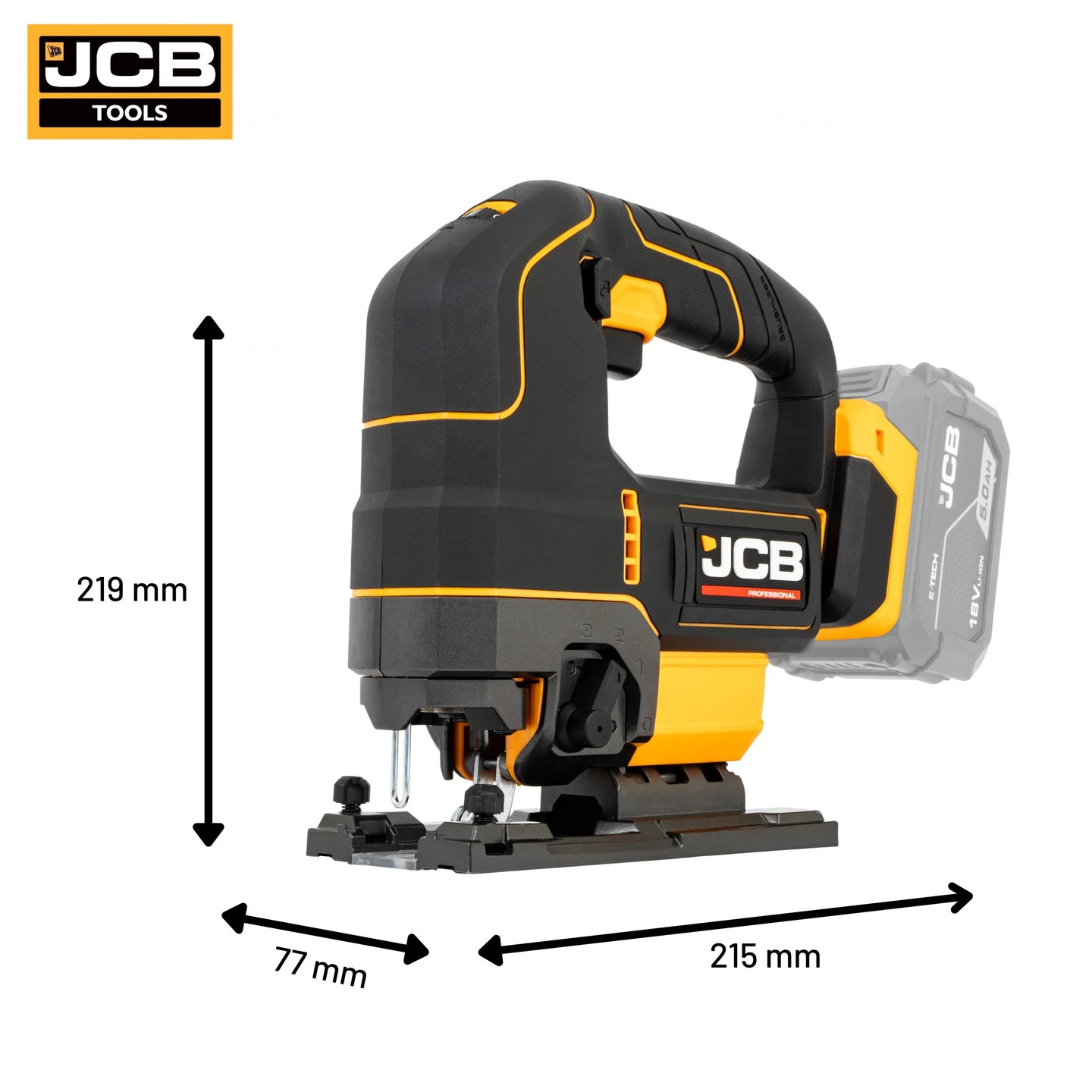 Wyrzynarka JCB 18V etykieta wymiary wysokość 219 mm szerokość 77 mm długość 215 mm waga netto 1,9 kg