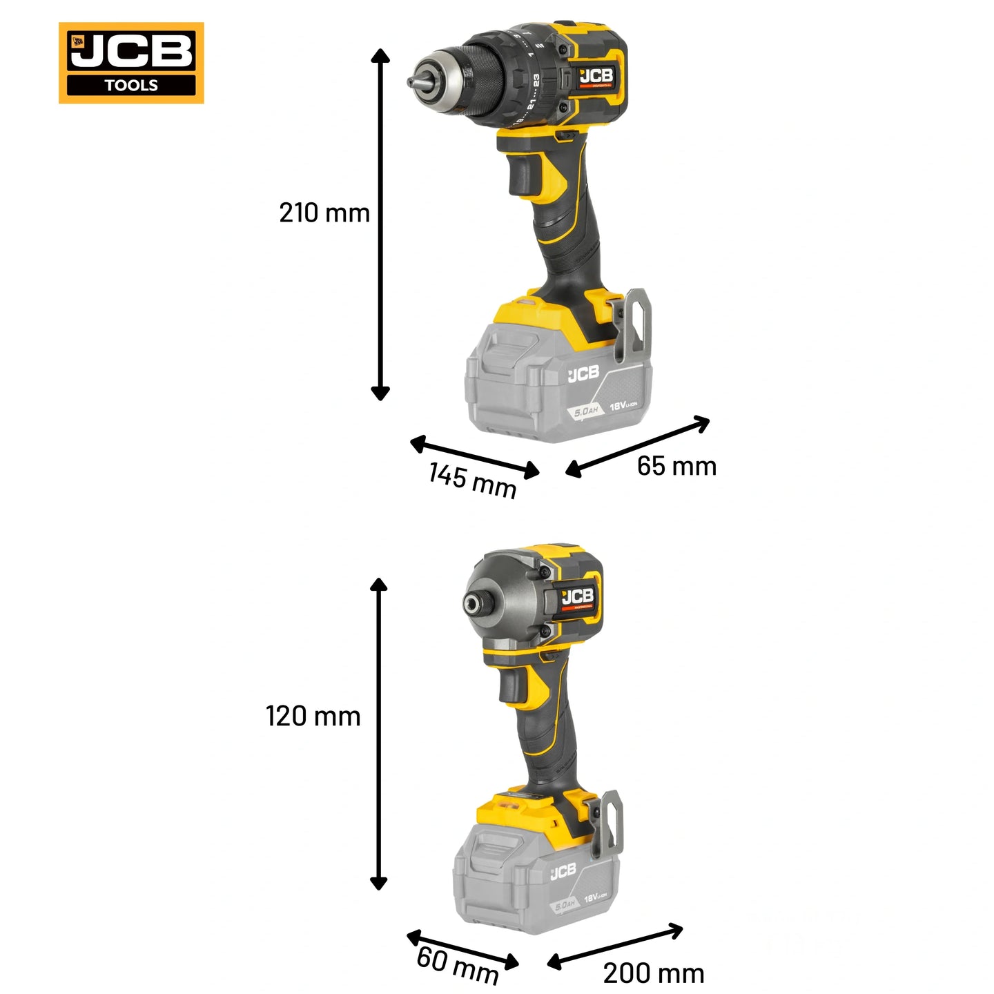 Wiertarko-wkrętarka udarowa JCB Professional 18V 75 Nm na białym tle - zestaw 18V z zakrętarką udarową 230 Nm