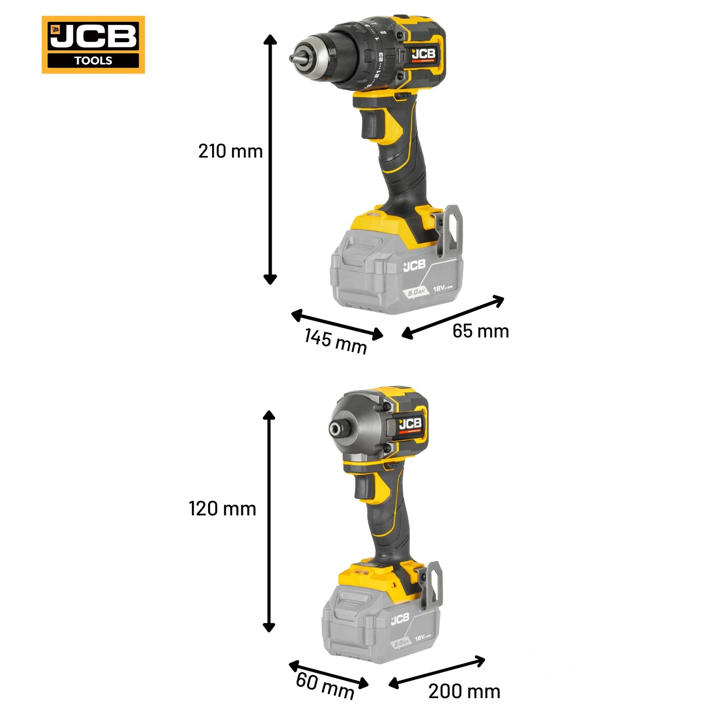 Wiertarko-wkrętarka udarowa JCB Professional 18V 75 Nm na białym tle - zestaw 18V z zakrętarką udarową 230 Nm