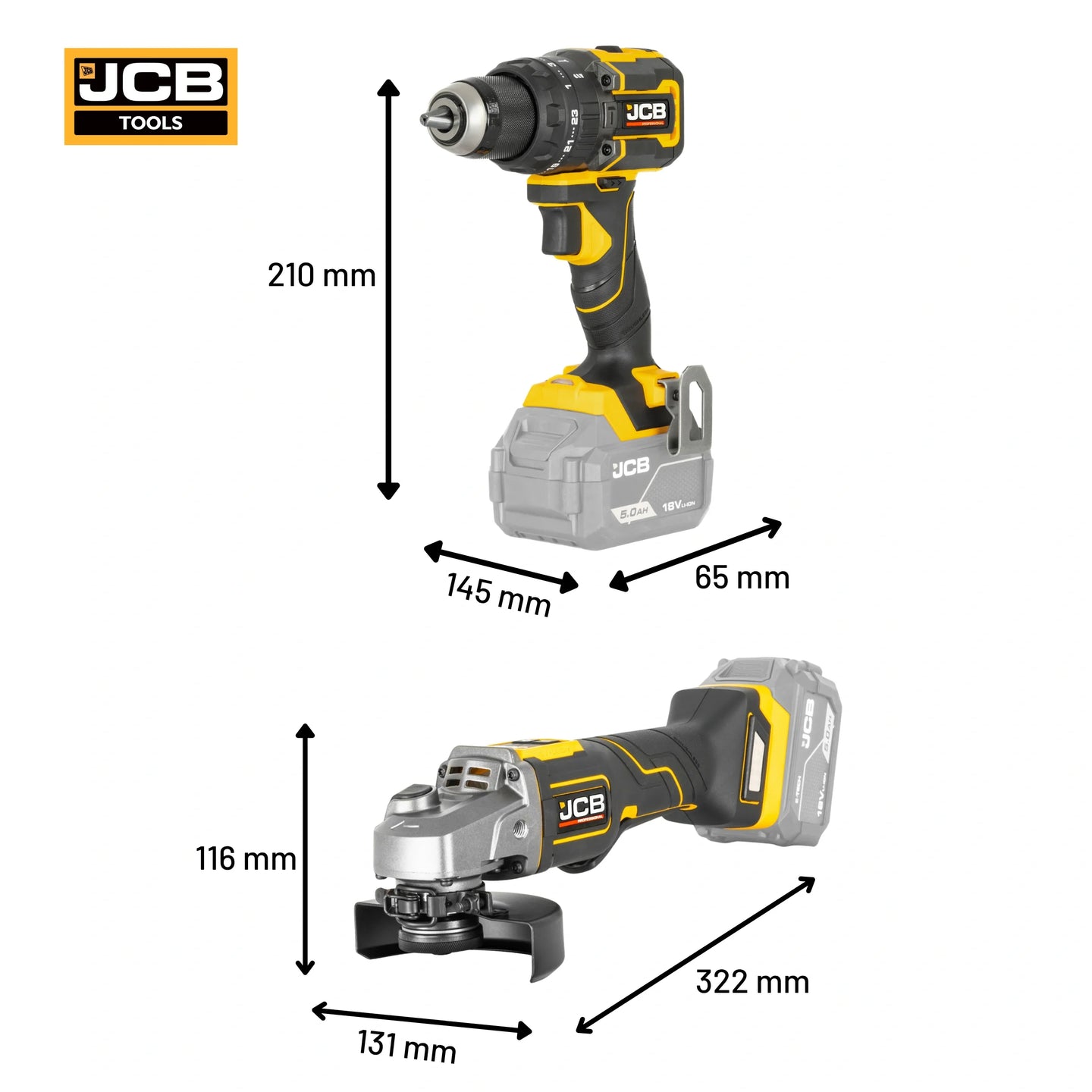 Infografika zestawu JCB Professional 18V wiertarko-wkrętarka udarowa 75 Nm i szlifierka kątowa 125 mm - zestaw elektronarzędzi akumulatorowych
