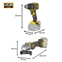 Infografika zestawu JCB Professional 18V wiertarko-wkrętarka udarowa 75 Nm i szlifierka kątowa 125 mm - zestaw elektronarzędzi akumulatorowych