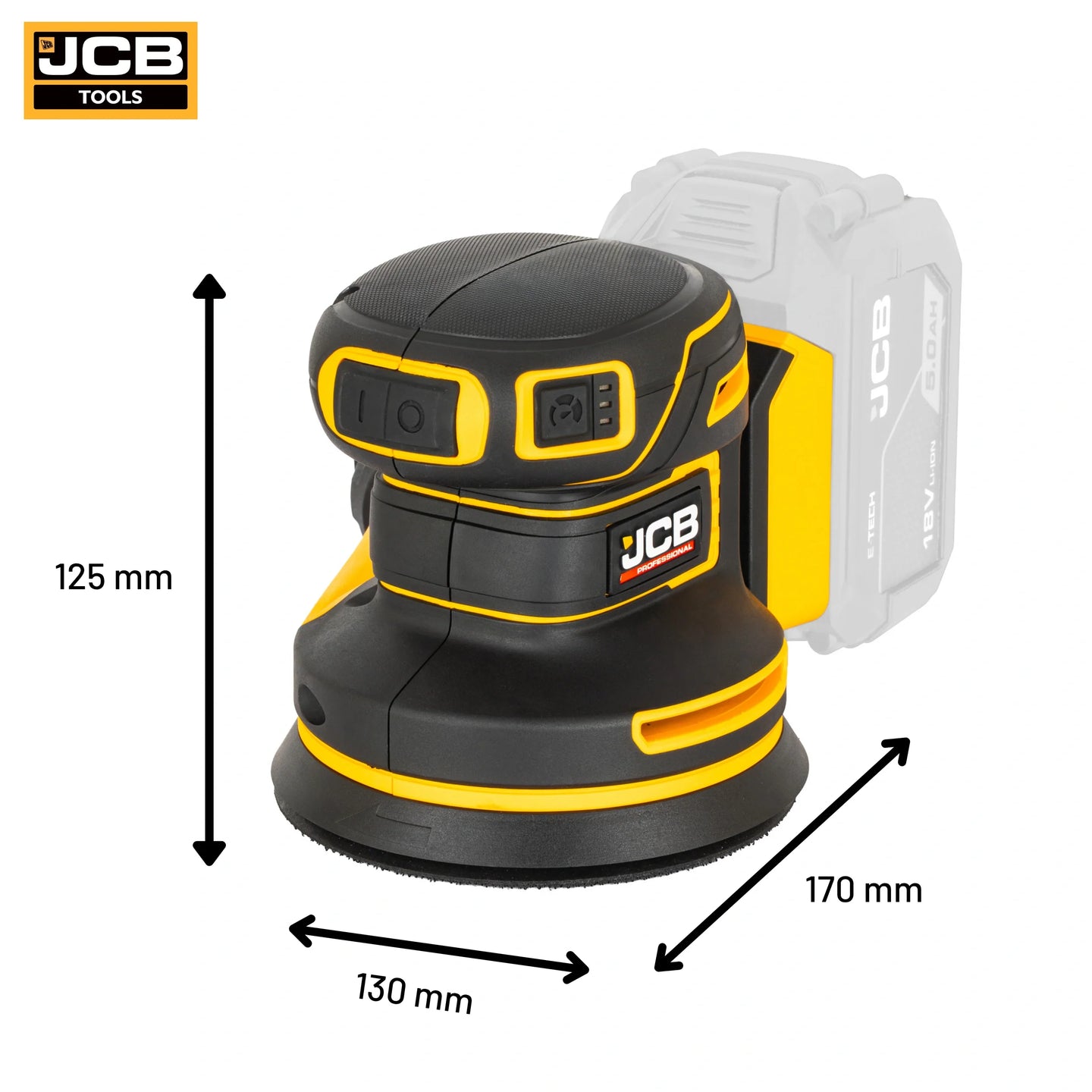 schemat wymiarów szlifierki mimośrodowej JCB Professional 18V: 125×130×170 mm waga 1,0 kg