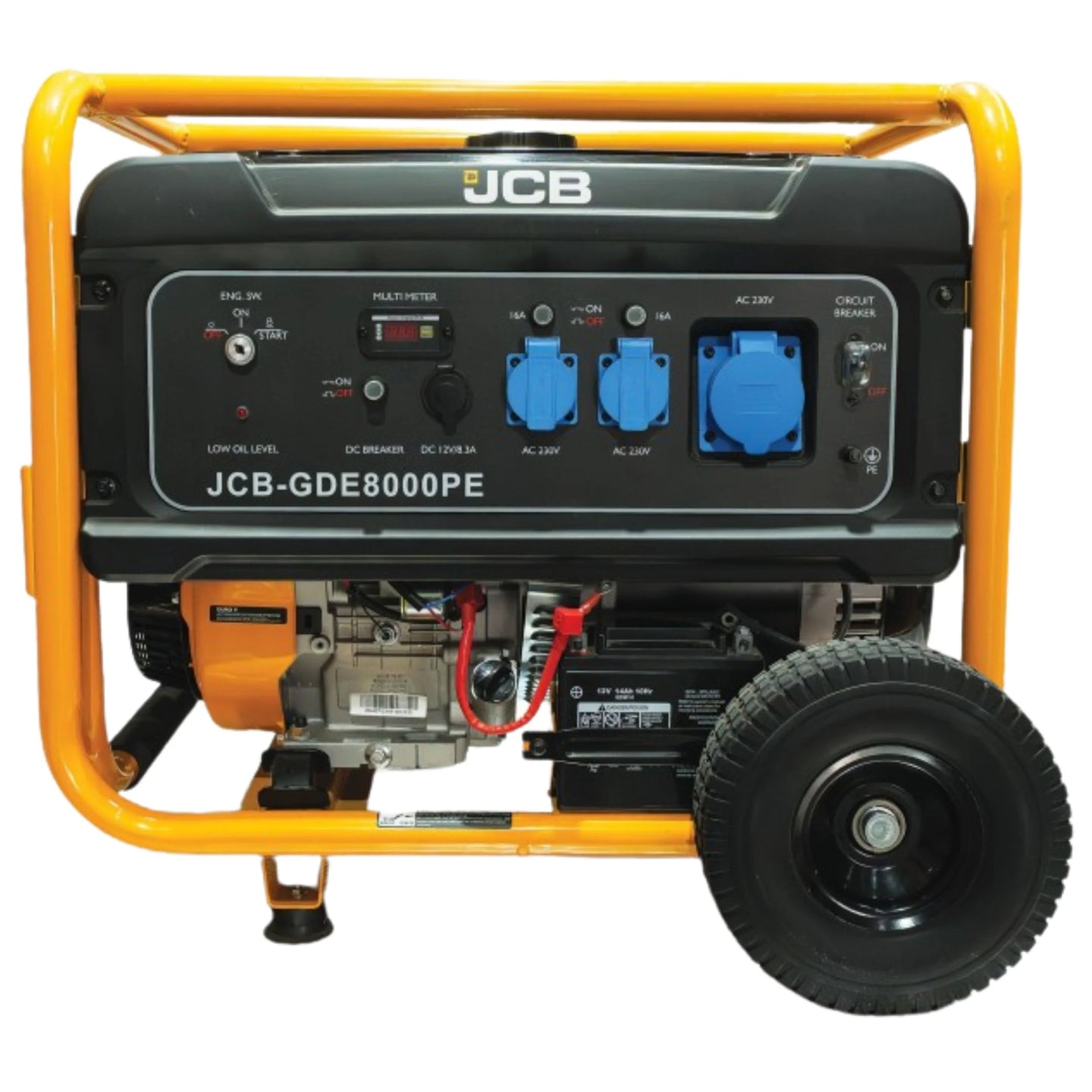 Agregat prądotwórczy JCB GDE8000PE 7.9 kW z podwójnym systemem rozruchu elektrycznym i ręcznym widok w hali z parametrami