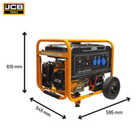 Infografika wymiarów agregatu prądotwórczego JCB GPL3610P 3,6 kW wysokość 610 mm szerokość 595 mm głębokość 545 mm waga 54 kg