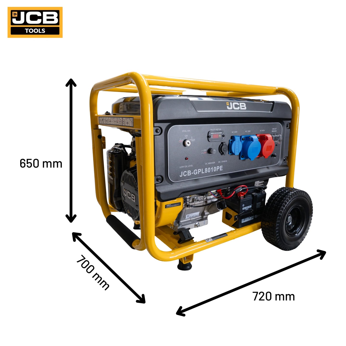 Agregat trójfazowy JCB GPL8010PE 7,9 kW zbiornik 25 l stabilizacja napięcia AVR do 8 godzin ciągłej pracy silnik 457 cm³ etykieta Agregat trójfazowy JCB 7.9KW