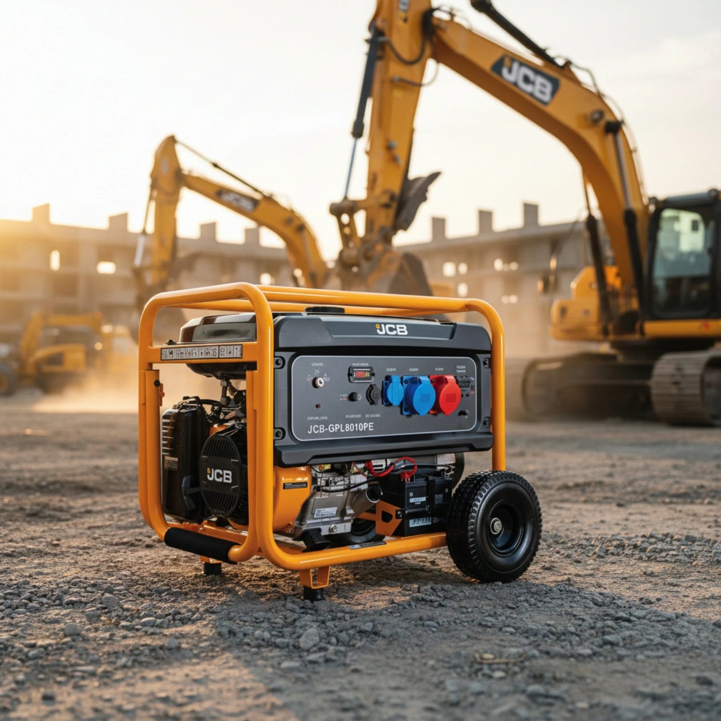 gregat prądotwórczy rozruch elektryczny JCB GPL8010PE na placu budowy z koparką JCB w tle etykieta Podwójny Rozruch Posiada rozruch ręczny i elektryczny zapewnia pewność uruchomienia