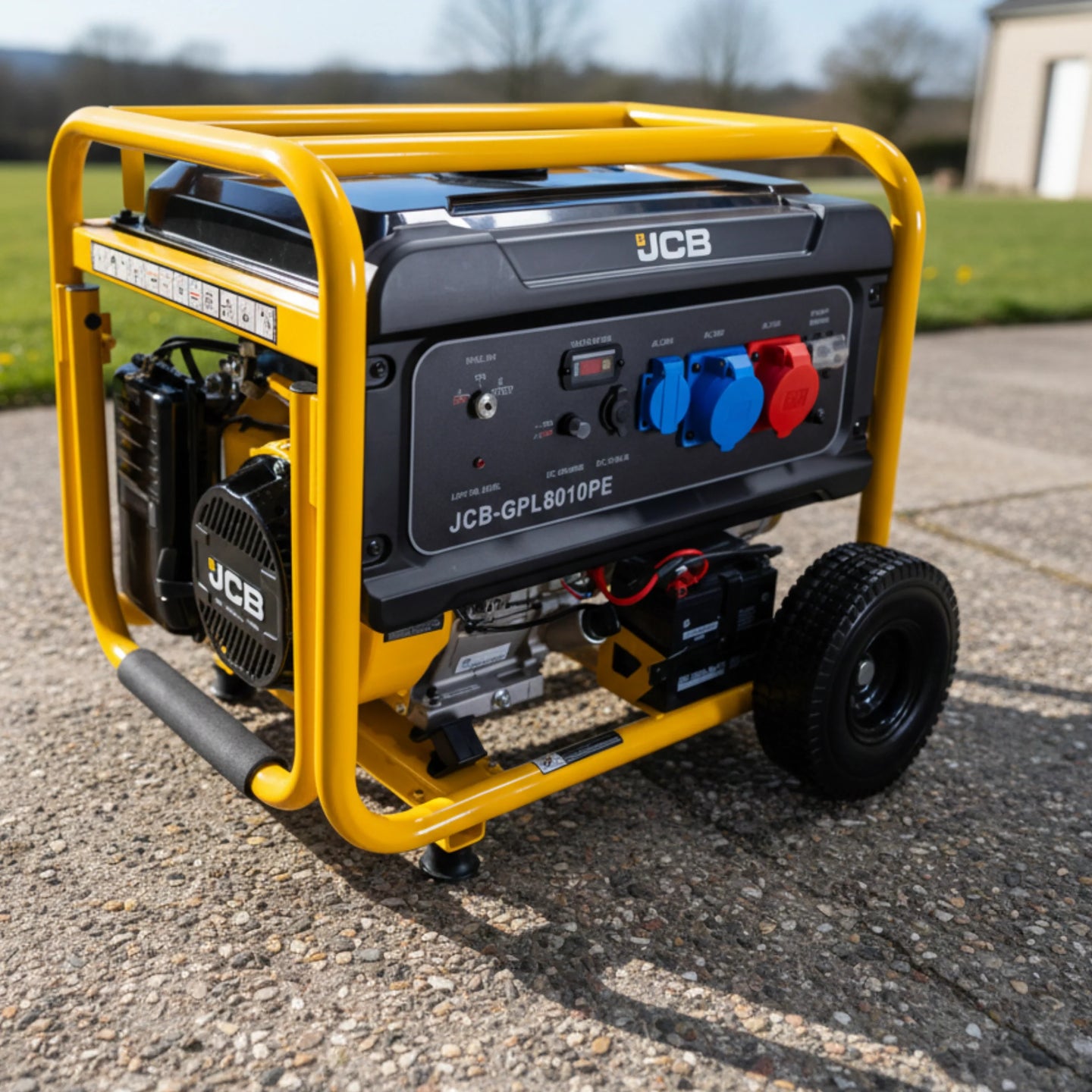 Generator elektryczny JCB GPL8010PE na zewnątrz widok 3/4 panel gniazd AC 230V i 400V akumulator i koła transportowe etykieta System Ochrony Amortyzacja drgań zwiększa komfort i trwałość a czujnik oleju chroni silnik