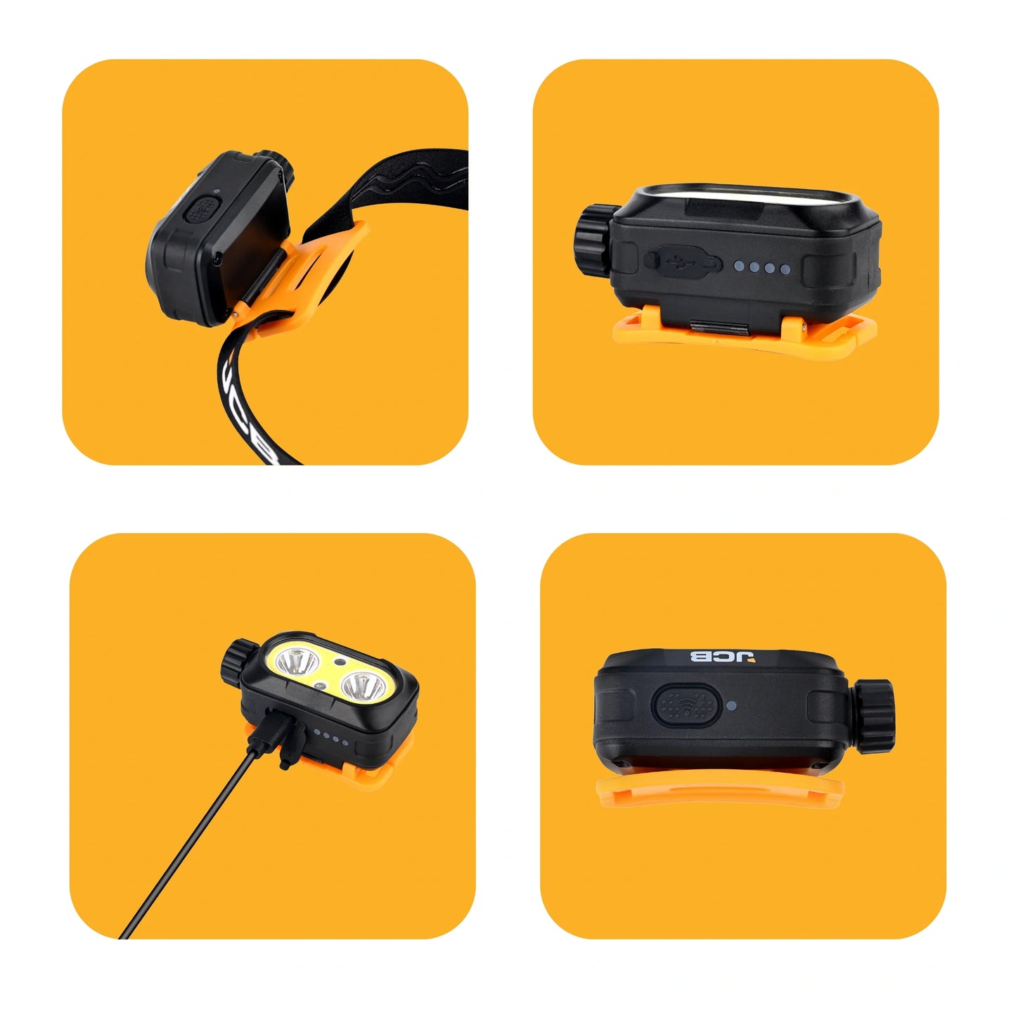 Infografika czołówki LED JCB 700 lm z ikonami cech - czołówka akumulatorowa warsztatowa z obrotowym regulatorem
