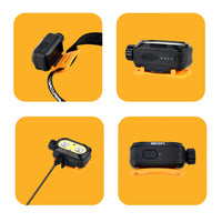 Infografika czołówki LED JCB 700 lm z ikonami cech - czołówka akumulatorowa warsztatowa z obrotowym regulatorem
