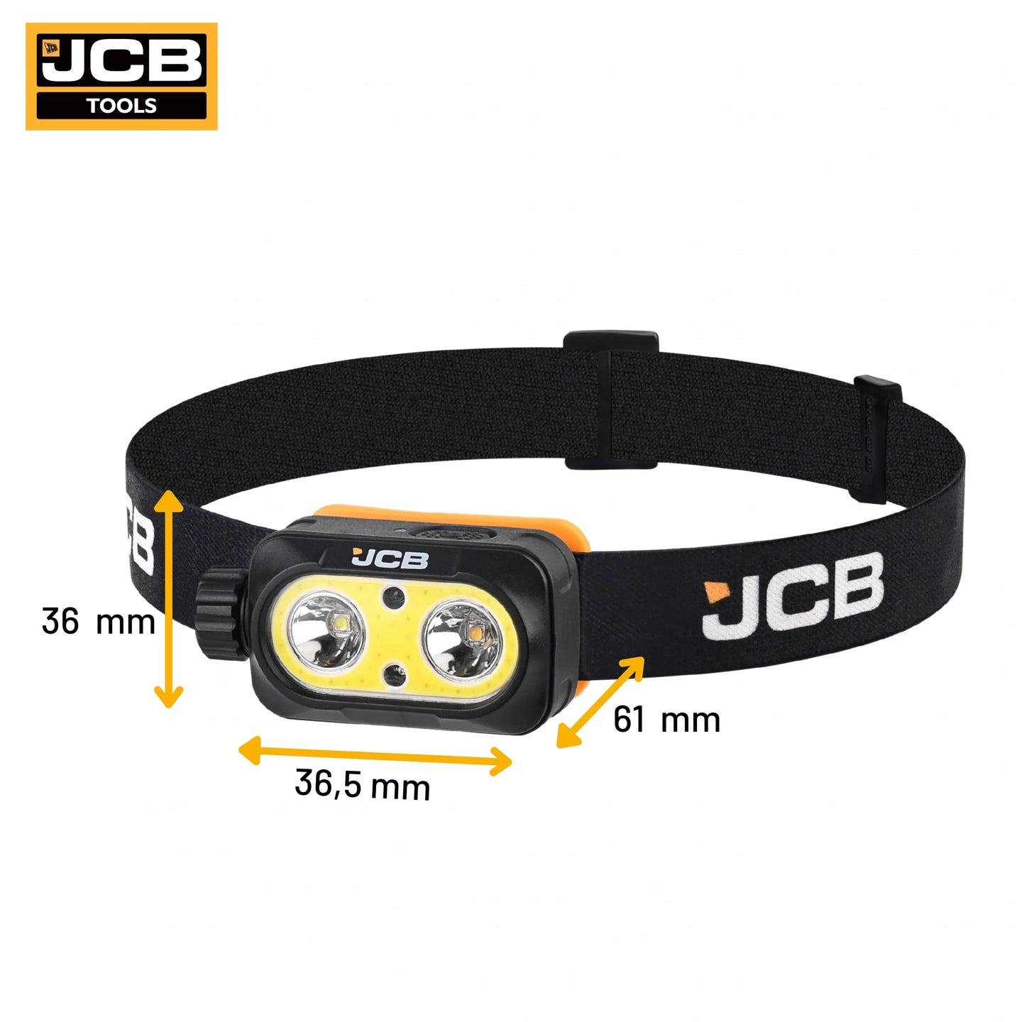 Czołówka LED JCB 700 lm z obrotowym regulatorem na białym tle - czołówka akumulatorowa warsztatowa na głowę