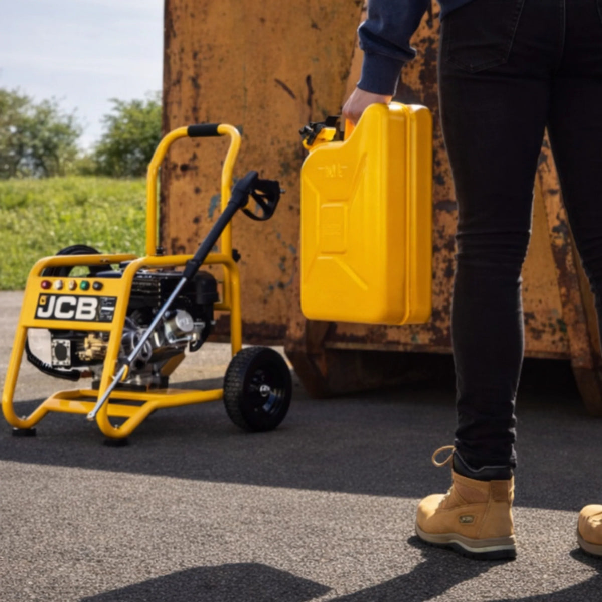 Myjka ciśnieniowa JCB PW7532P24 gotowa do pracy przy kontenerze pracownik podchodzi do niej z kanistrem tekst wysoki przepływ 10,7 l min ułatwia czyszczenie dużych powierzchni i oszczędza detergent