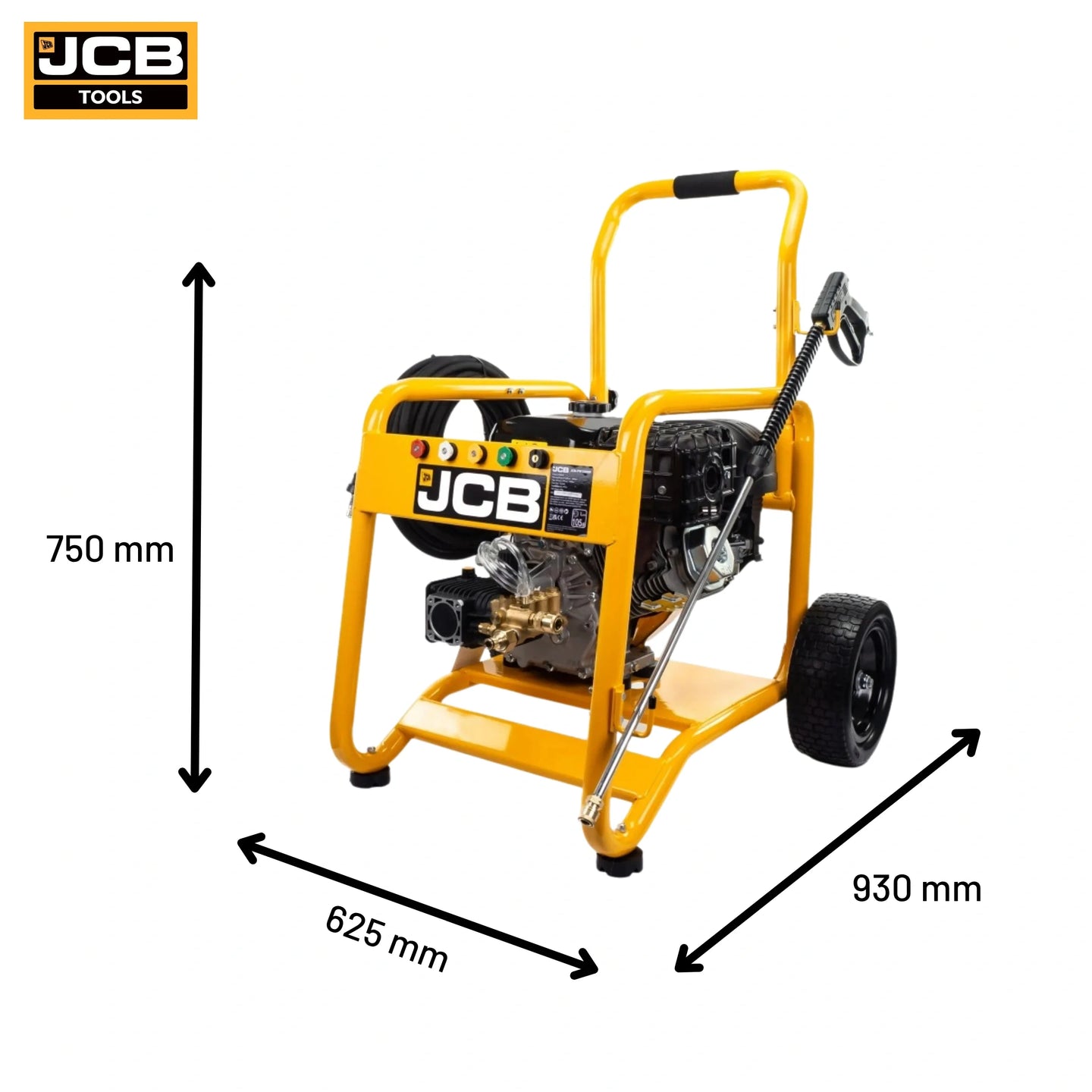 Infografika myjki ciśnieniowej JCB PW7532P24 z tekstem JCB 3100psi 213bar oraz ikonami pompa annovi reverberi koła terenowe wąż 12m i silnik 224 cm3