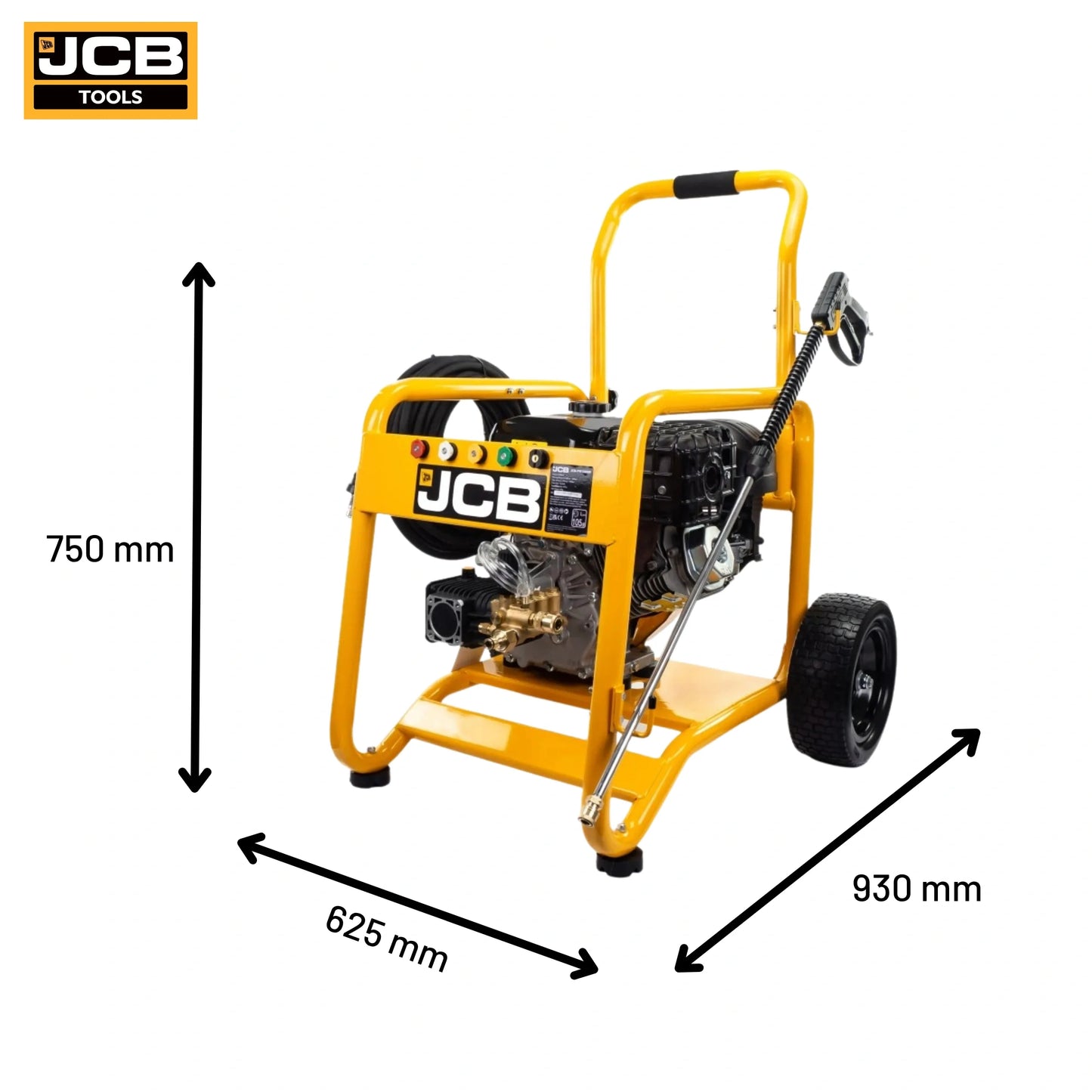 Infografika myjki ciśnieniowej JCB PW7532P24 z tekstem JCB 3100psi 213bar oraz ikonami pompa annovi reverberi koła terenowe wąż 12m i silnik 224 cm3