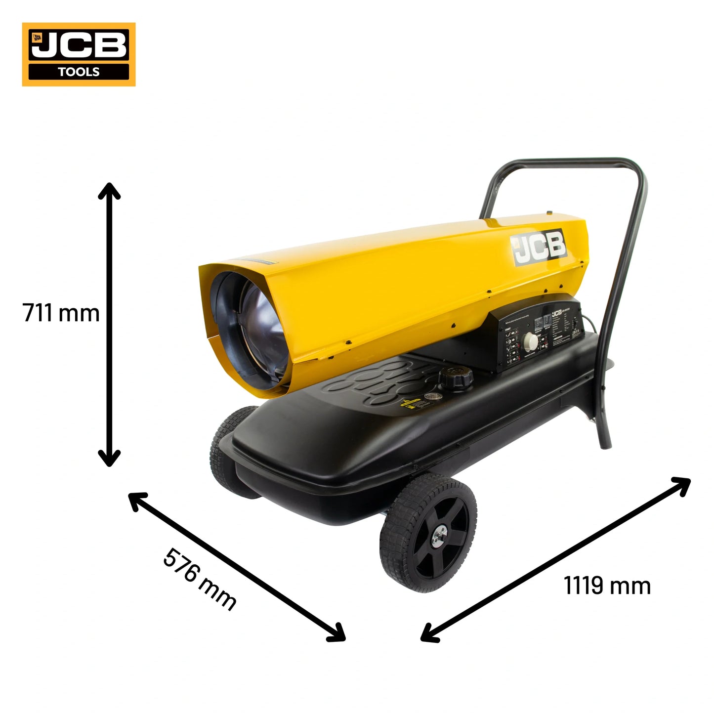 Nagrzewnica JCB SH215DP24 z wymiarami: 711×576×1119 mm, waga netto 29 kg