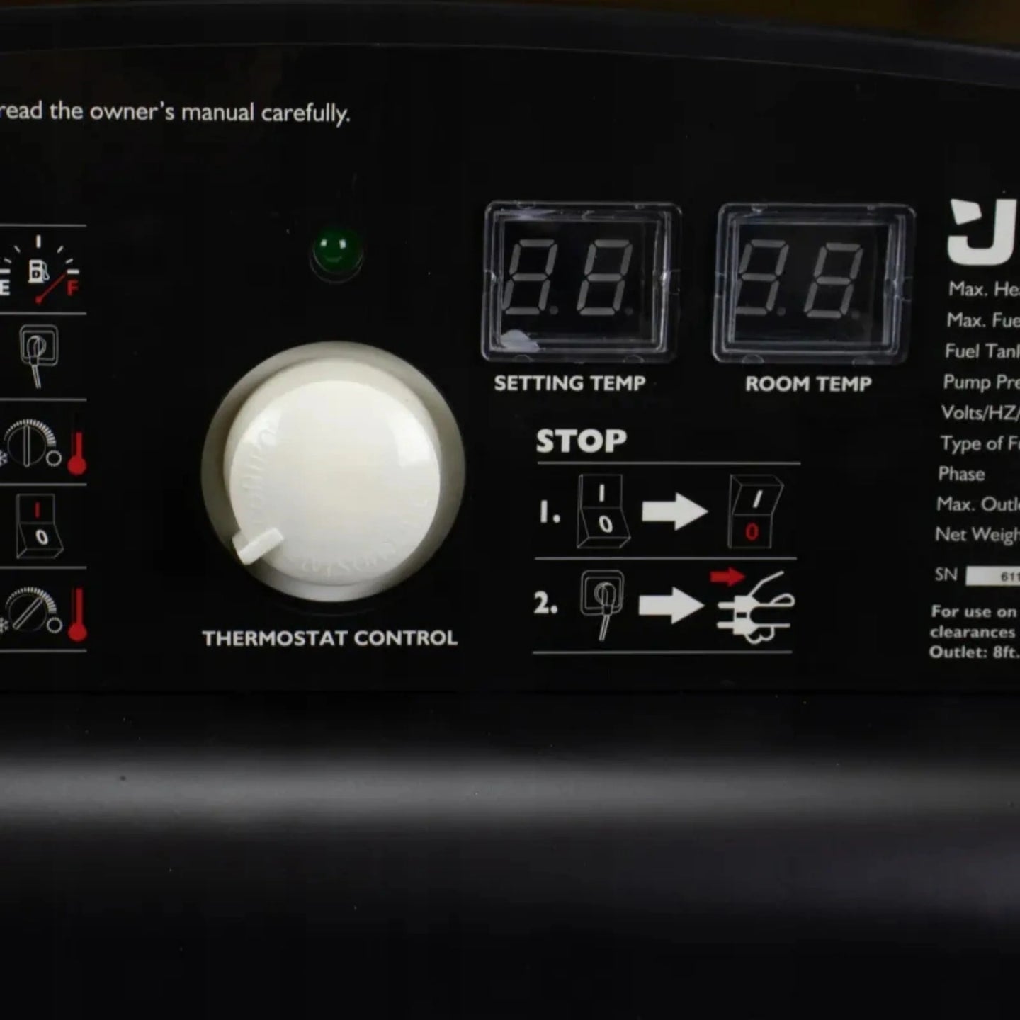 Panel sterowania nagrzewnicy JCB SH215DP24 z pokrętłem termostatu, dwoma wyświetlaczami cyfrowymi i tekstem: Regulacja cyfrowa