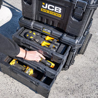 Zestaw JCB Site System z wózkiem i modułami tekst pięcioelementowy system przechowywania z szufladami i organizerami