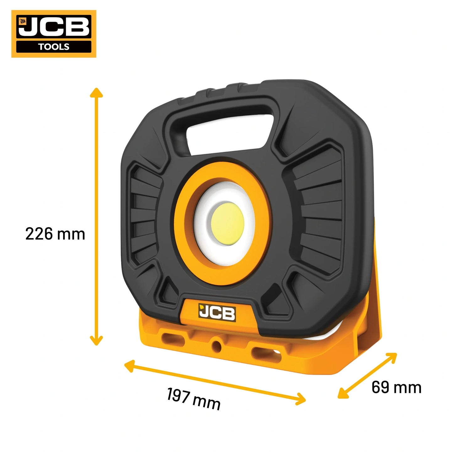 Lampa budowlana LED JCB TUFF DUAL 2500 lm żółto-czarna na białym tle - lampa robocza akumulatorowa
