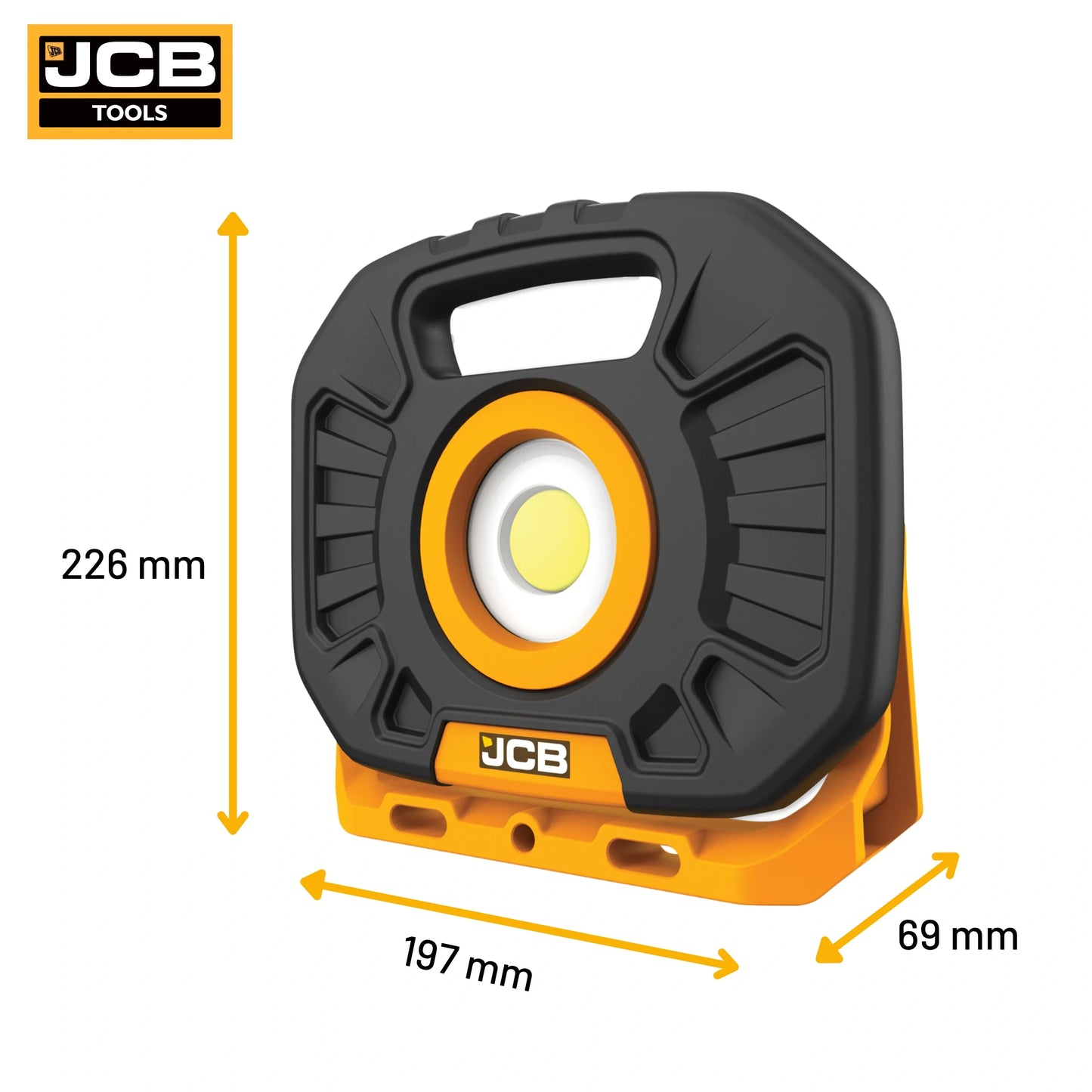 Lampa budowlana LED JCB TUFF DUAL 2500 lm żółto-czarna na białym tle - lampa robocza akumulatorowa