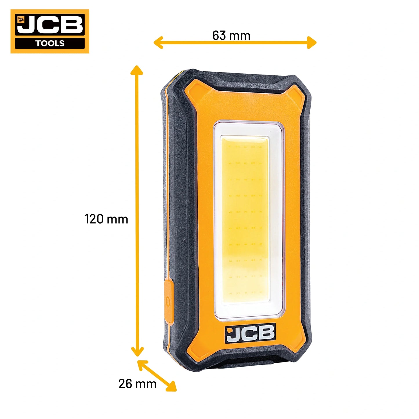 Lampa inspekcyjno-robocza LED JCB PALM 1000 lm żółto-czarna na białym tle - lampa warsztatowa akumulatorowa