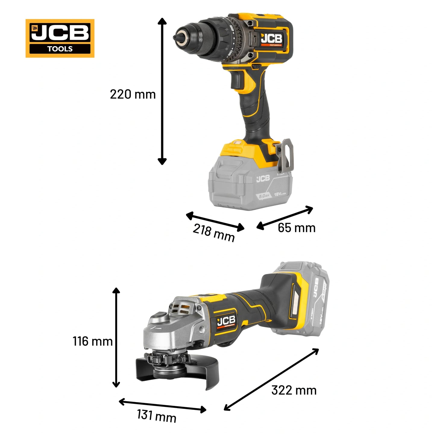 Wiertarko-wkrętarka udarowa JCB Professional 18V 160 Nm z zestawu ze szlifierką kątową 125 mm - wiertarko-wkrętarka akumulatorowa