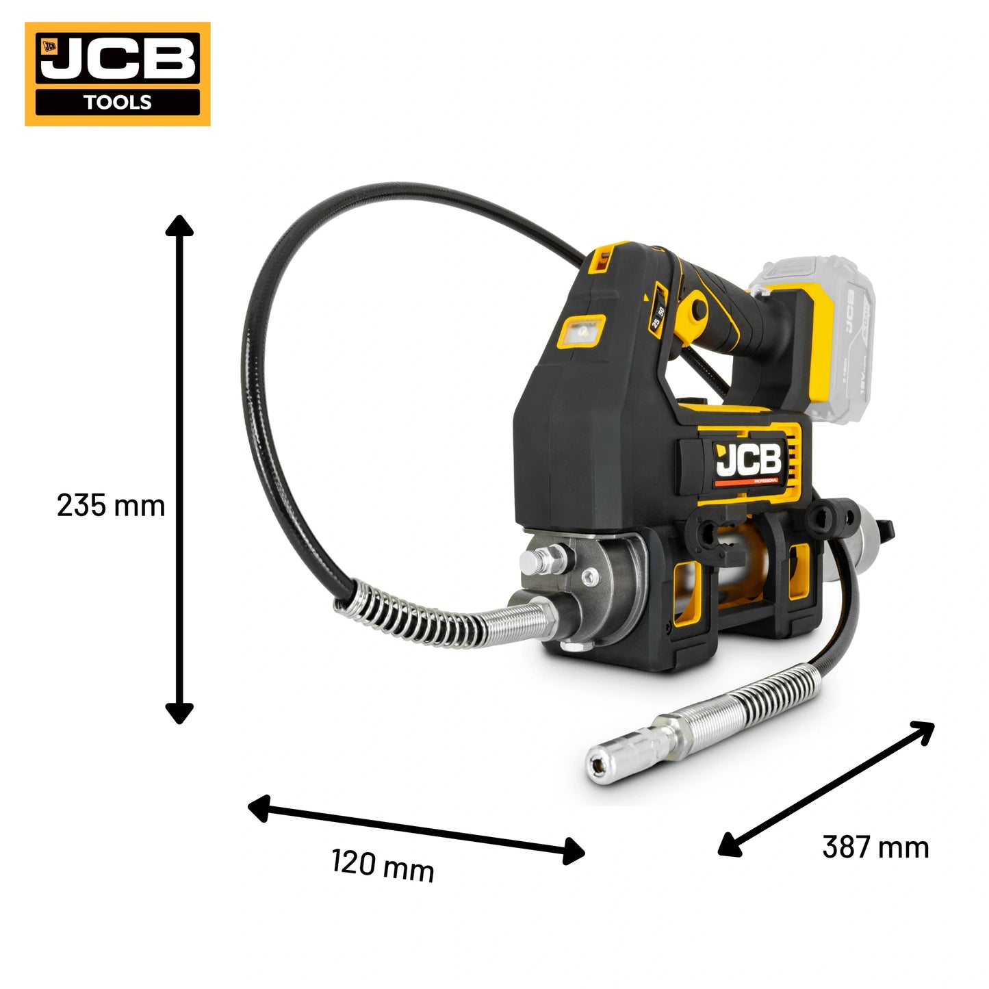 Smarownica akumulatorowa JCB 18PGG-zestaw-1 z wymiarami 235×120×387 mm waga netto 3,95 kg
