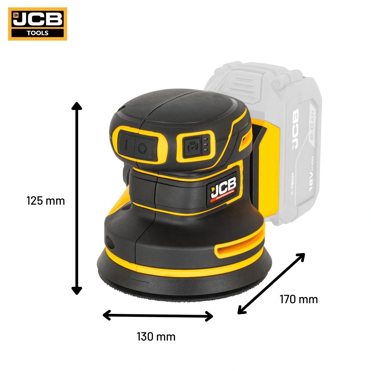 Szlifierka mimośrodowa akumulatorowa JCB Professional 18V 125 mm na białym tle - szlifierka mimośrodowa do drewna i lakieru