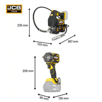 Klucz udarowy akumulatorowy JCB Professional 18V 400 Nm maks 620 Nm na białym tle - zestaw serwisowy ze smarownicą 700 bar