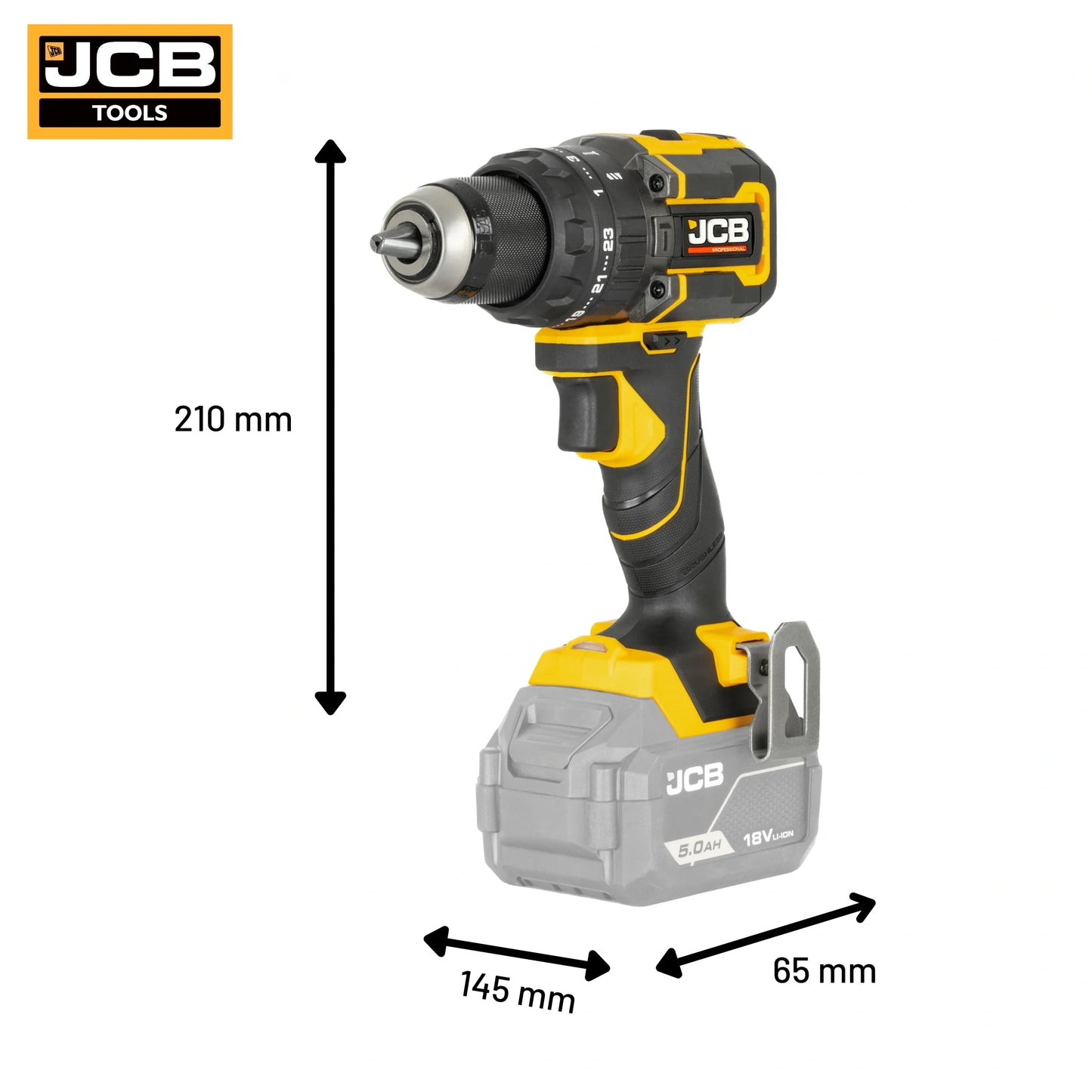 Wiertarko-wkrętarka udarowa JCB Professional 18V 75 Nm żółto-czarna na białym tle - kompaktowa wiertarko-wkrętarka akumulatorowa