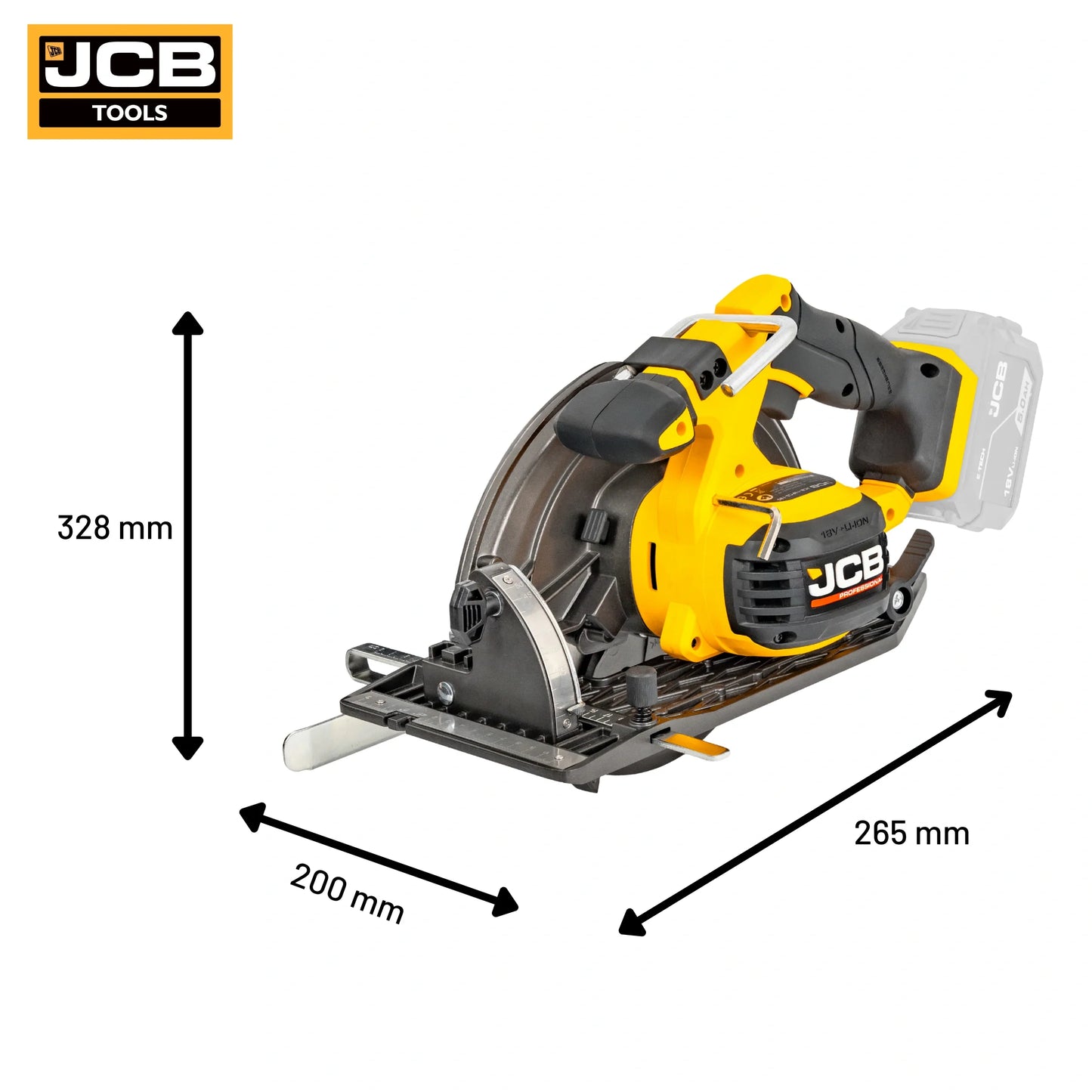 Pilarka tarczowa akumulatorowa JCB Professional 18V 185 mm żółto-czarna na białym tle - pilarka do drewna akumulatorowa