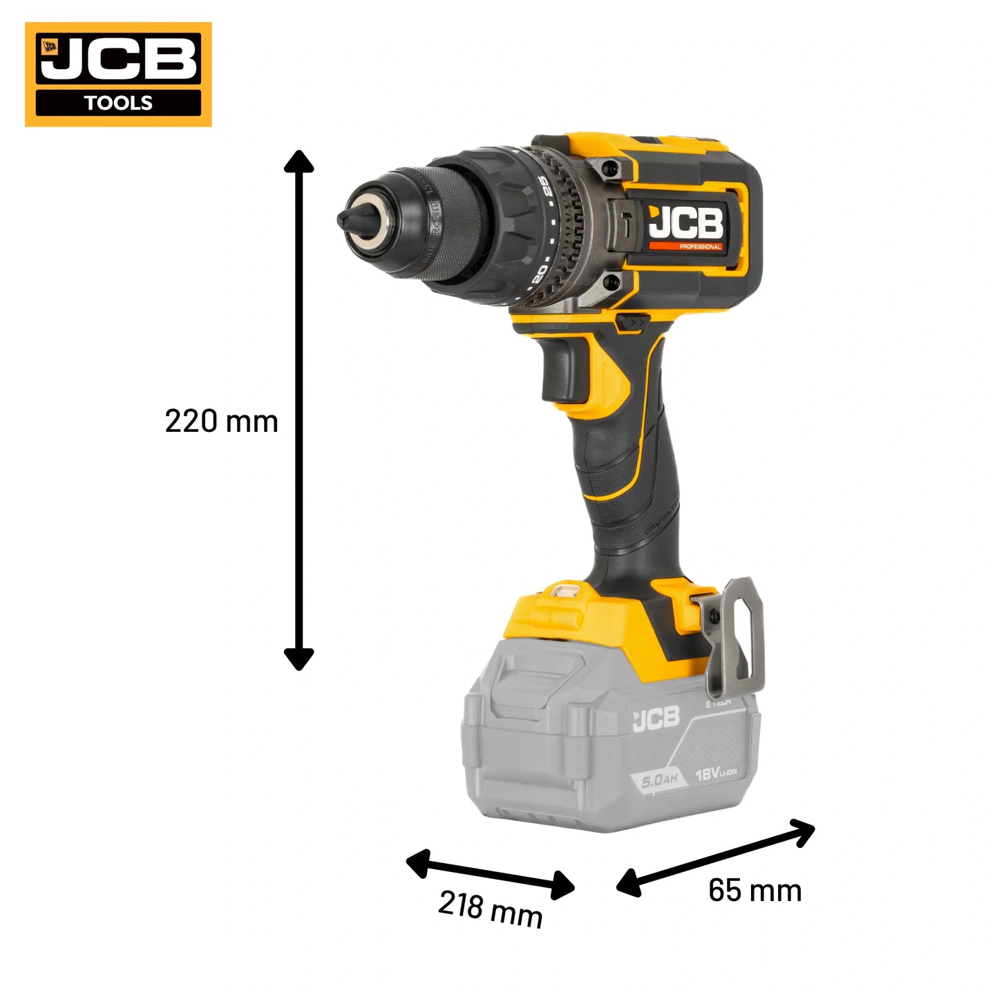 Wiertarko-wkrętarka udarowa JCB Professional 18V 160 Nm żółto-czarna na białym tle - wiertarko-wkrętarka akumulatorowa