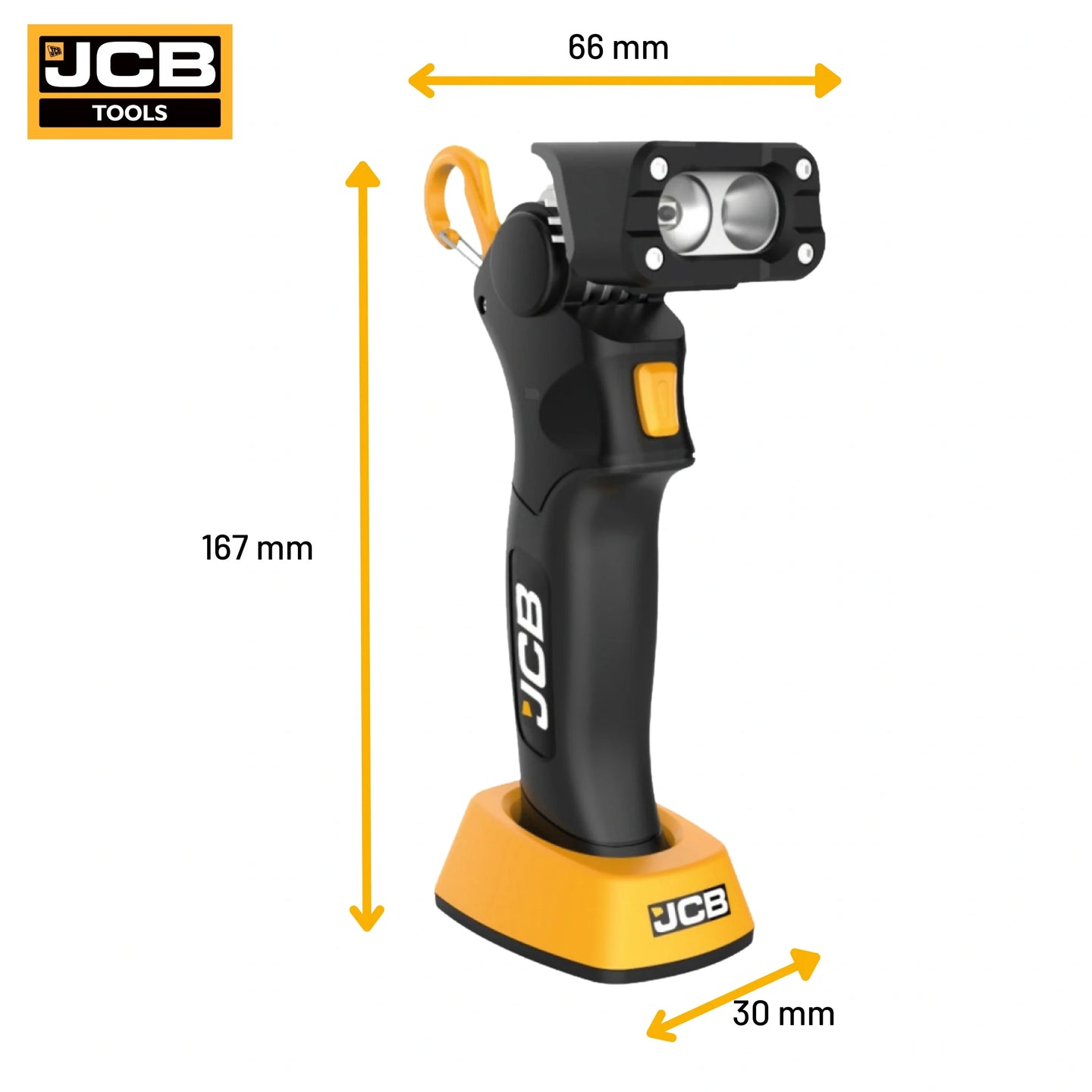 Podwójne oświetlenie inspekcyjno-robocze LED JCB 1000 lm żółto-czarne na białym tle - lampa warsztatowa akumulatorowa