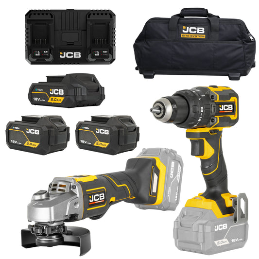 JCB Professional 18V Zestaw Szlifierka 125mm, Wiertarko Wkrętarka, 3x Baterie, Dual Charge, Torba