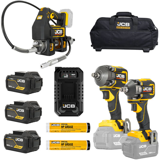 JCB Professional Zestaw Klucz Udarowy 350 Nm + Klucz Udarowy 620 Nm + Smarownica 690 Bar 18V 2x Smar 3x 5,0Ah Ładowarka Torba