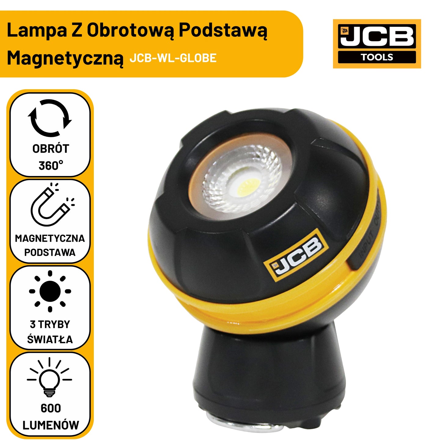 JCB Globe 600 Lm – podstawa magnetyczna i regulacja kąta oświetlenia roboczego