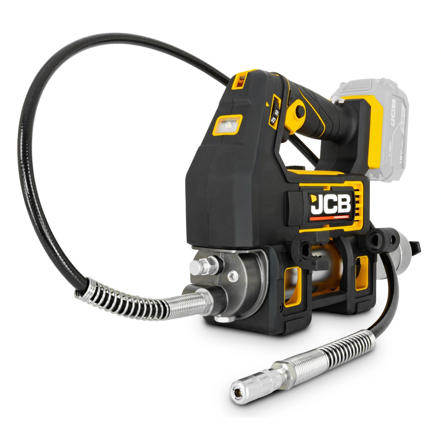 Smarownica akumulatorowa JCB 18PGG-VS czarno-żółta z elastycznym wężem i końcówką smarującą bez akumulatora